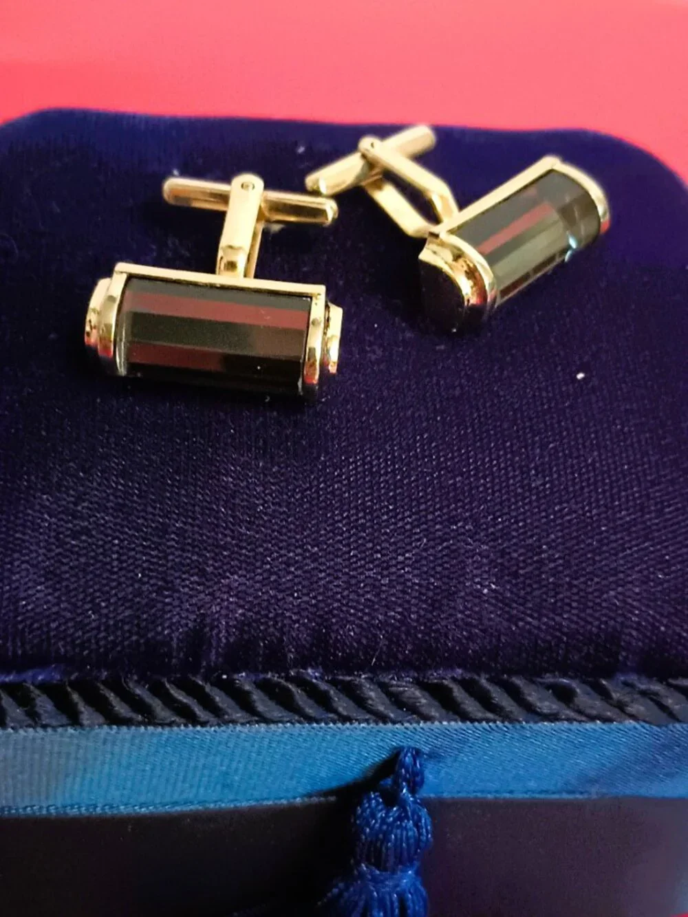 Gold Tone Rectangle Cufflinks with Blue Beveled Color Change Glass